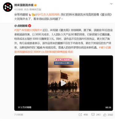 国产AI短剧《霍去病》火到海外 播放量超5亿！3000元成本、3人团队5天产出80集