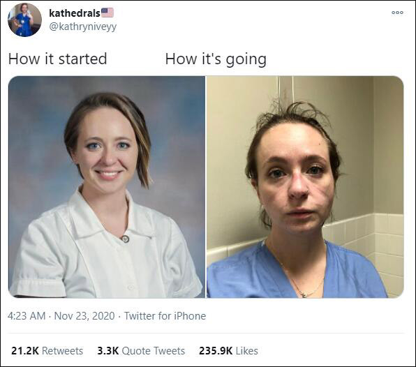 美抗疫护士发对比照:精疲力尽,却持续挨"耳光"