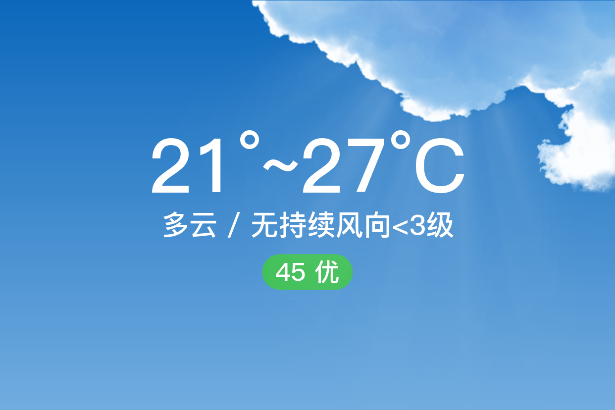 「成都金堂」10/2,多云,21~27℃,无持续风向 3级,空气质量优