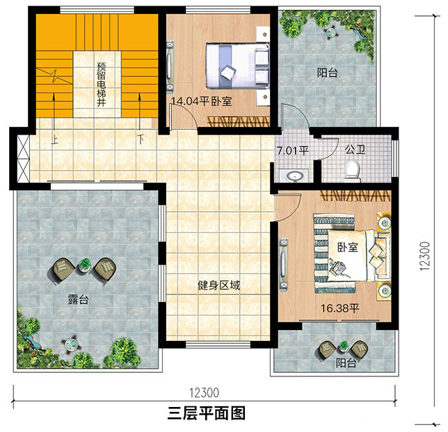 12x12正方形宅基地農村三層歐式別墅設計圖紙,7臥帶雙露臺