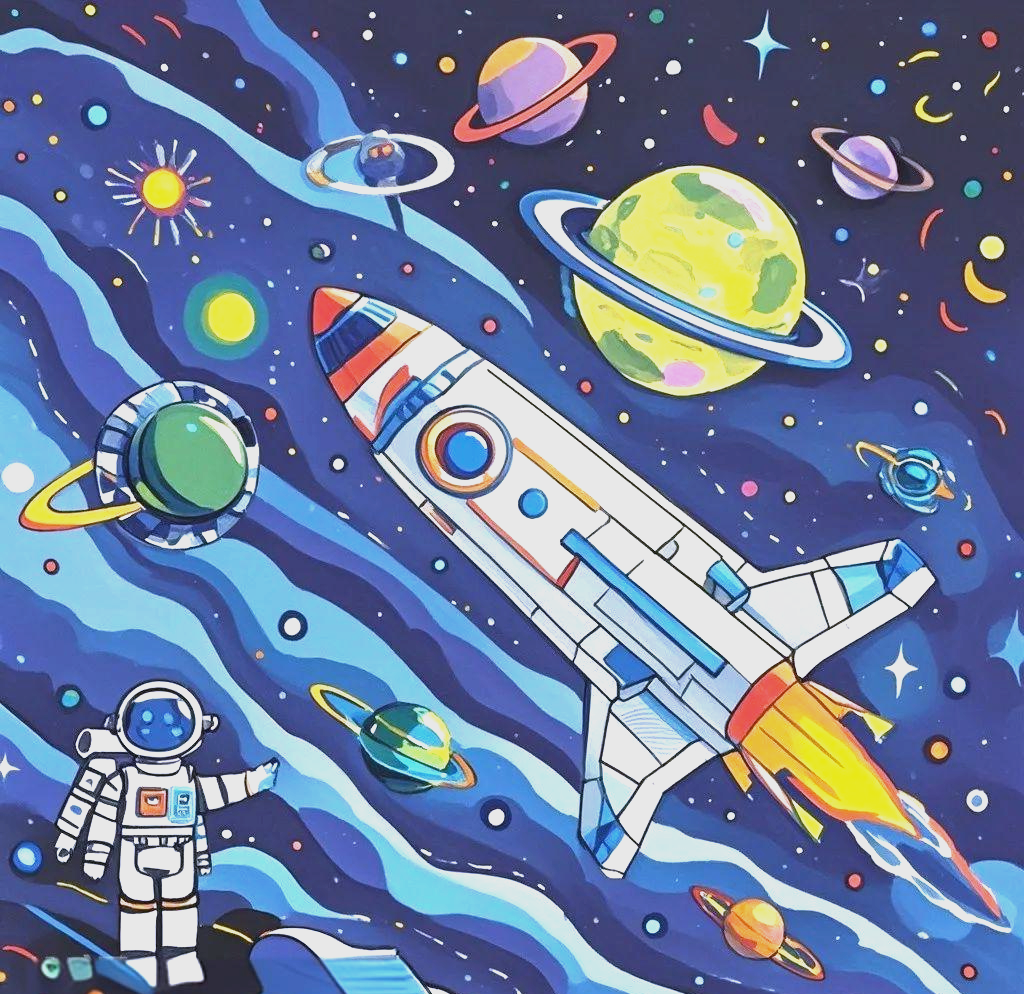 众多科幻与太空主题儿童画作品,展现祖国未来科技与文化传承的创意