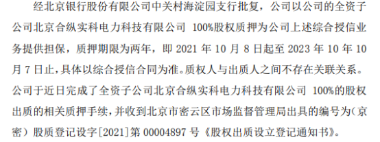 合縱科技全資子公司質押100%股權 用於為公司綜合授信業務提供擔保