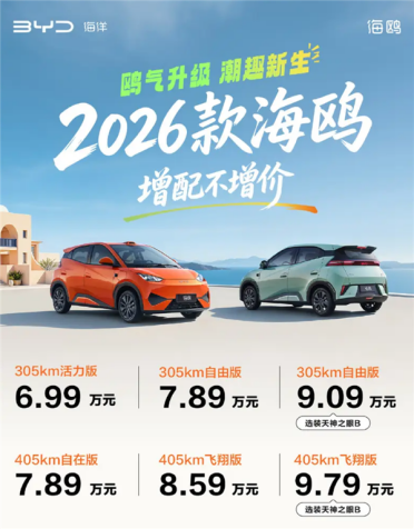 首款激光雷达A00级车型！2026款比亚迪海鸥上市：6.99万元起