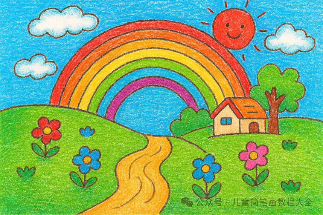 孩子入门小风景画推荐:小河,彩虹,笑脸太阳