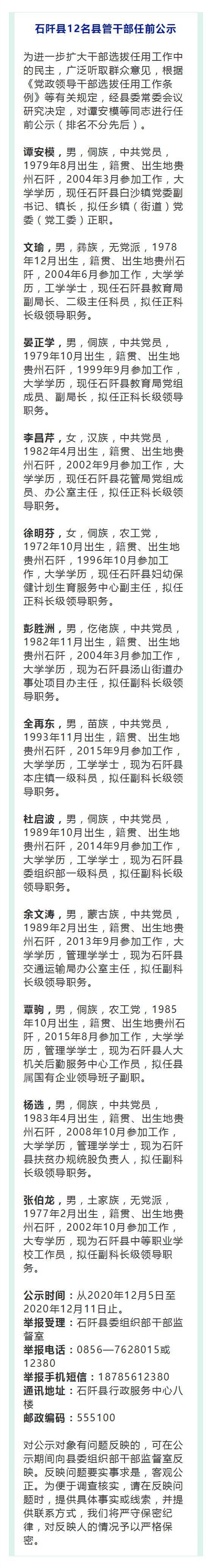 铜仁一县县管干部任前公示