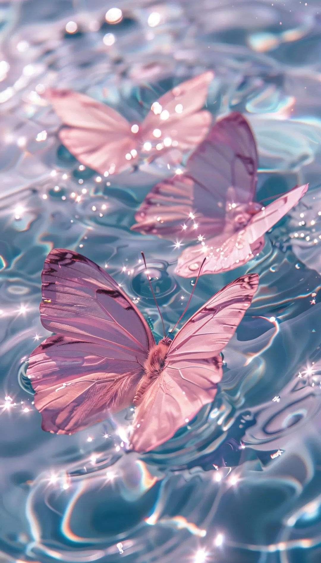 波光与粉蝶的梦幻邂逅,唯美壁纸中的生命颂歌