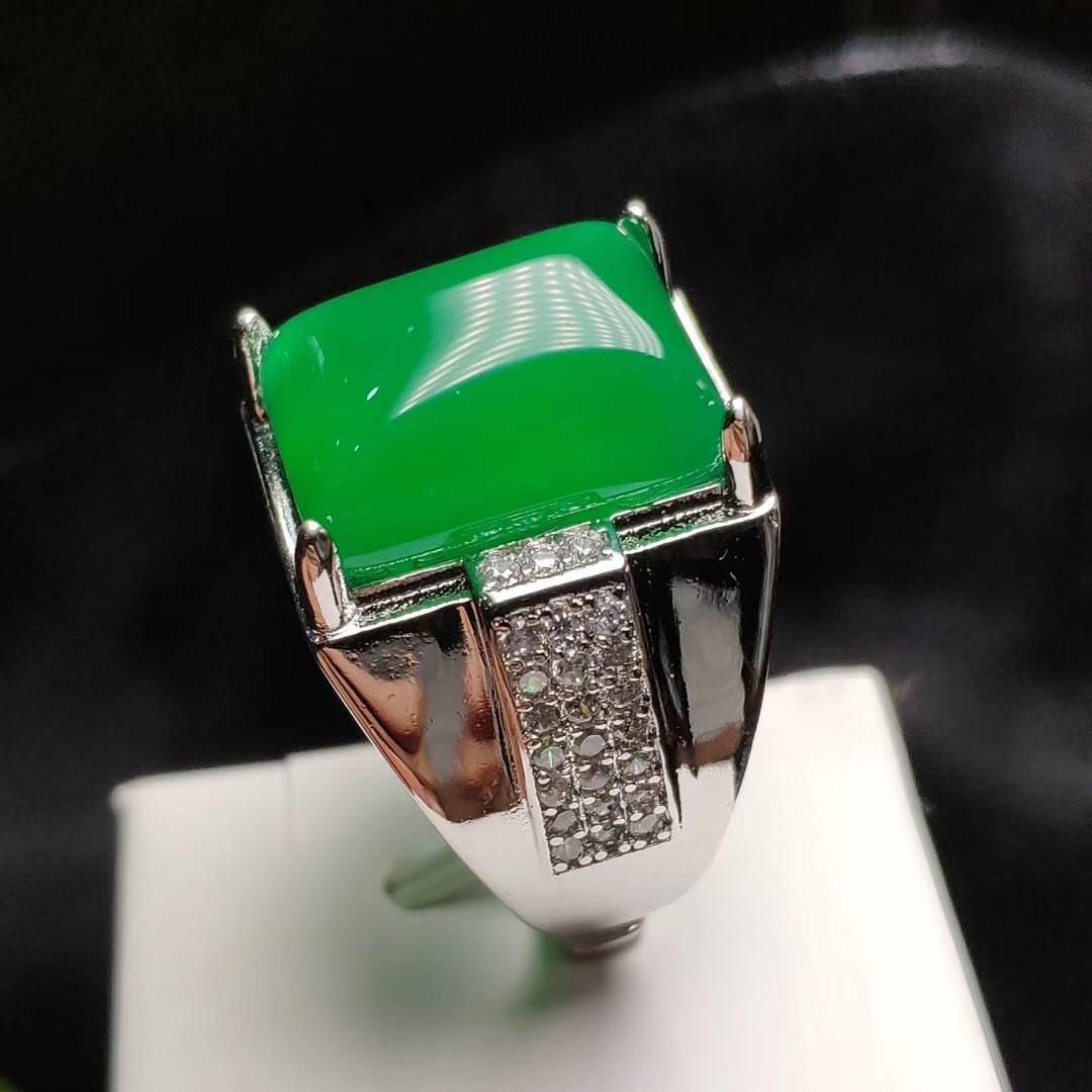 男士戒指高冰帝王绿玉髓戒指925银镶嵌满绿色玛瑙玉石扳指送礼盒