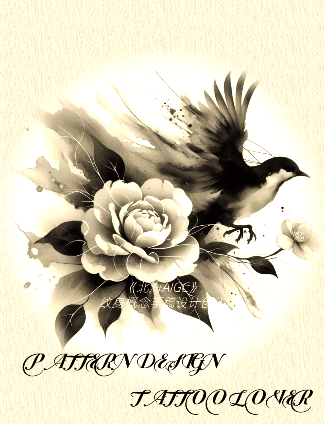 黑白纹身新风尚:山茶花与飞鸟的深情交融