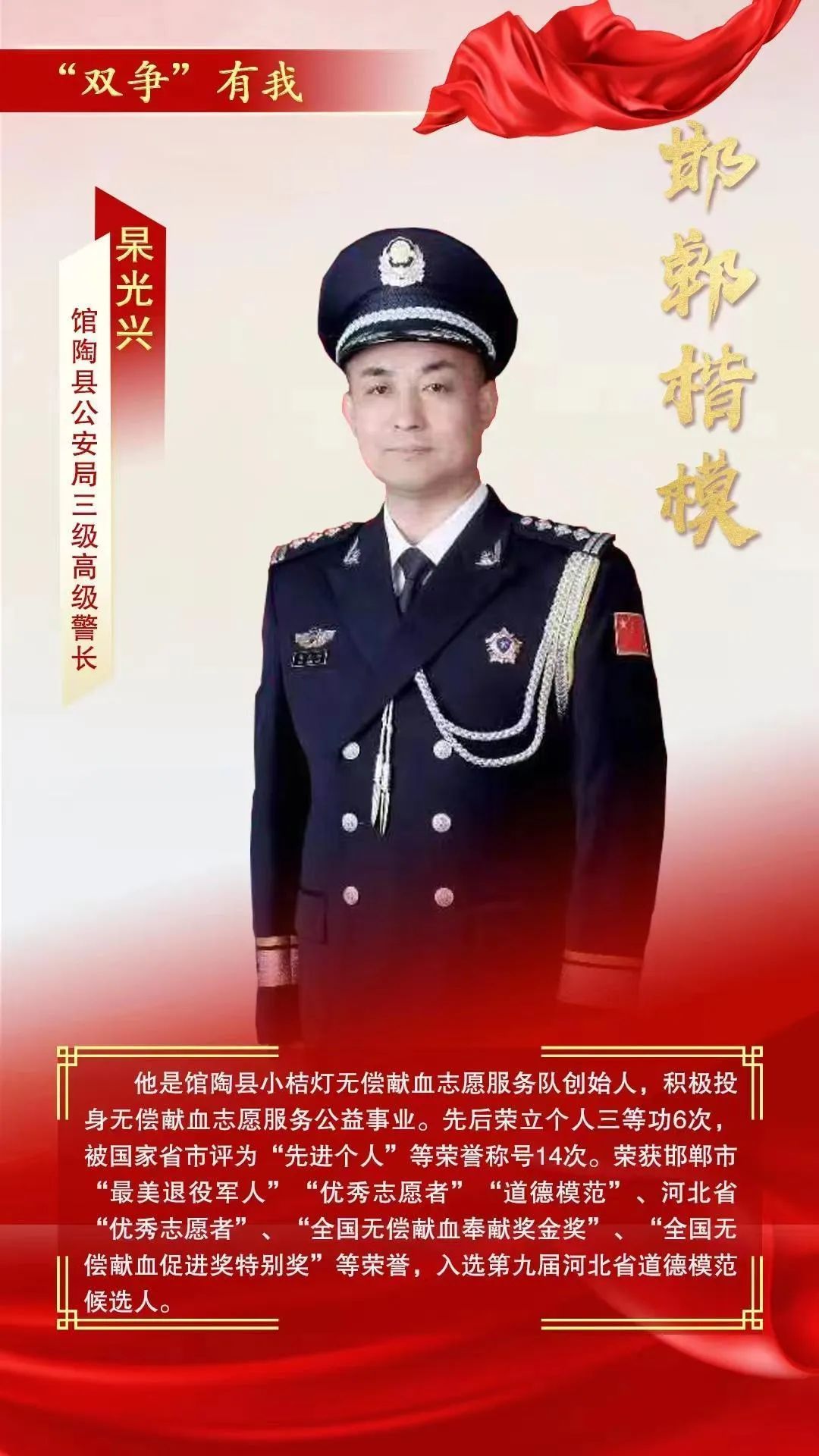 中共党员,1965年1月出生,1983年12月入伍,1997年7月退役,武安市人