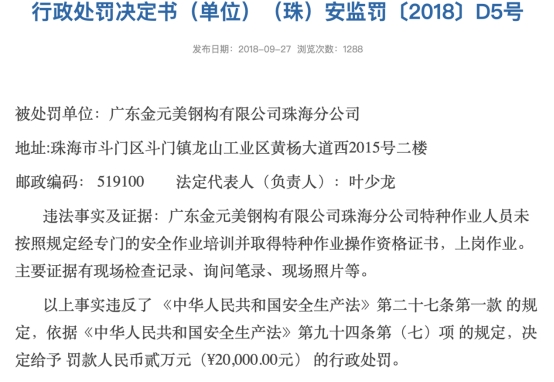 广东金元美钢构有限公司珠海分公司因违规上岗作业被罚20万元