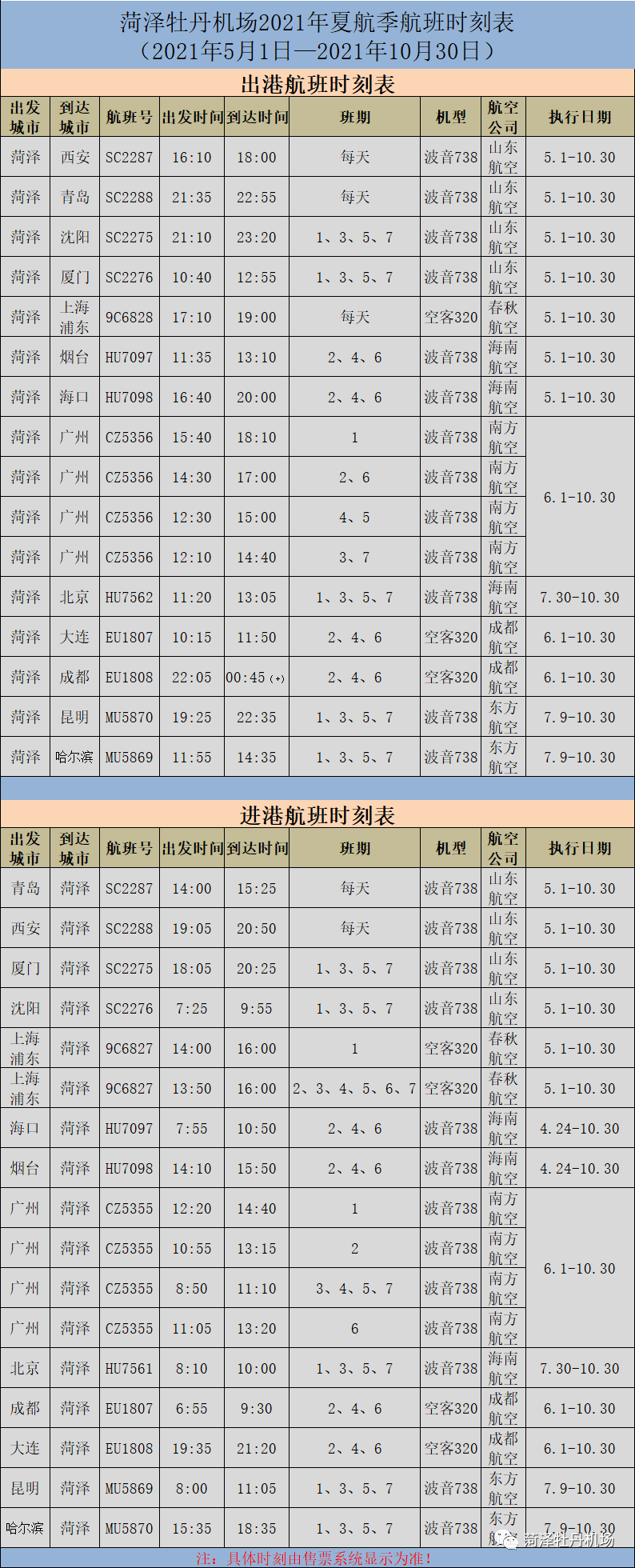 菏泽机场航班表图片