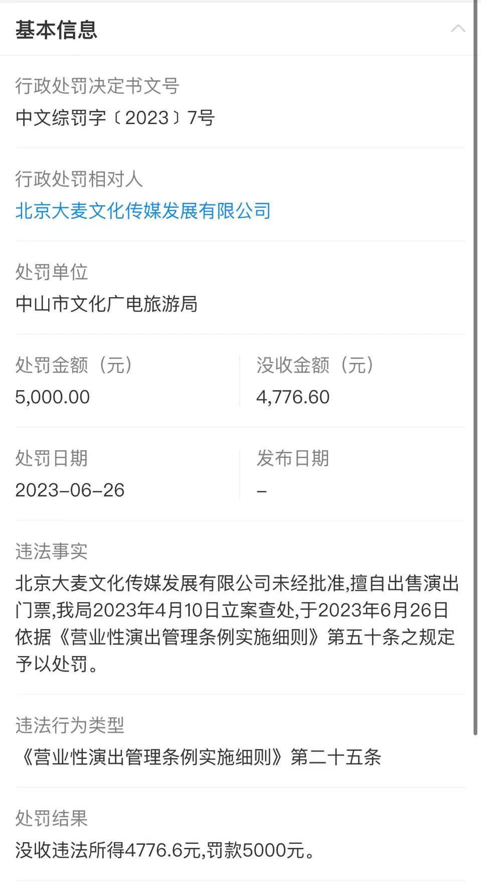 大麥網擅自出售演出門票被罰5000元