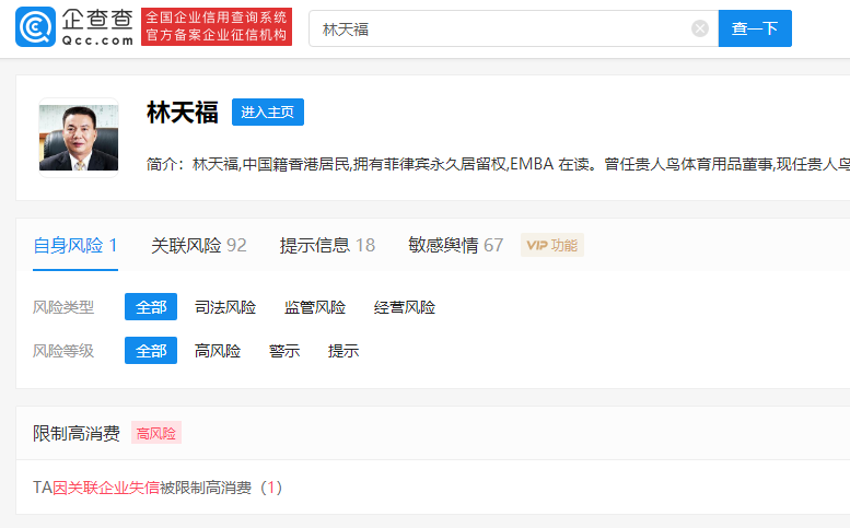 贵人鸟创始人林天福被限高消费 贵人鸟9月成被执行人标的超2亿