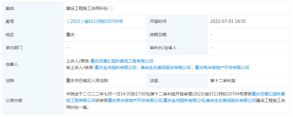 重庆金点园林状告重庆筑华房地产 案由系建设工程施工合同纠纷