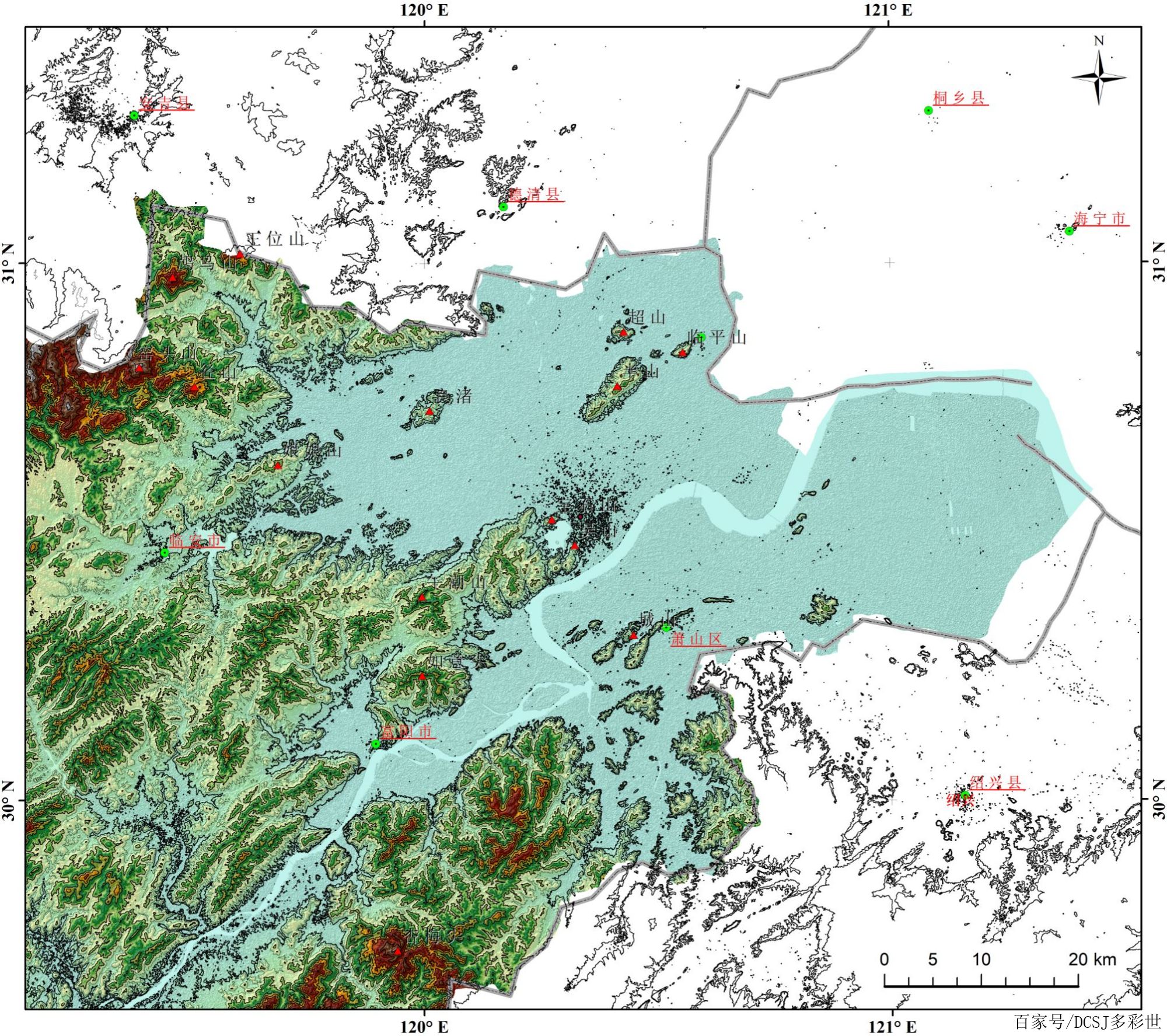 浙江省-杭州地區-杭州市區地形圖——暑假出遊,爬山,玩水去哪?