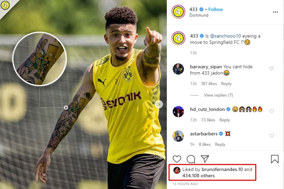 同为文身爱好者?b费为桑乔晒新文身动态点赞