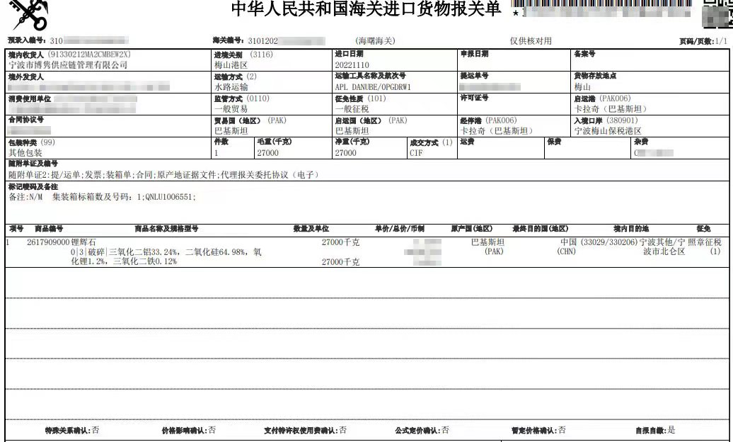 锂辉石进口报关单及锂辉石进口清关成检测分析表「正报」