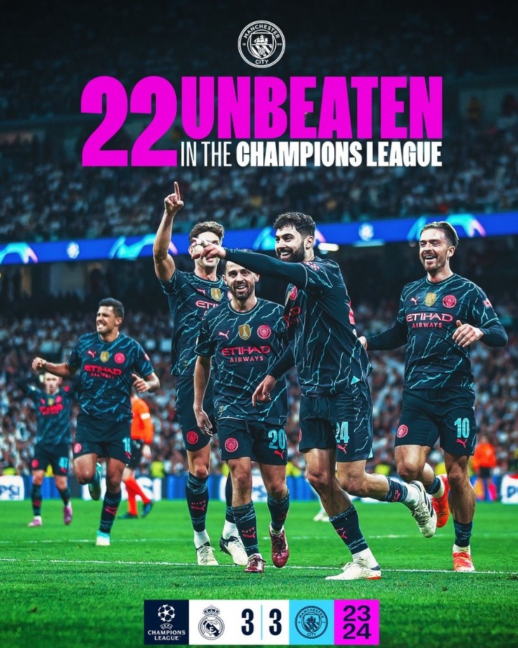 曼城官推晒海报:22场不败,我们在欧冠的强势表现还在继续