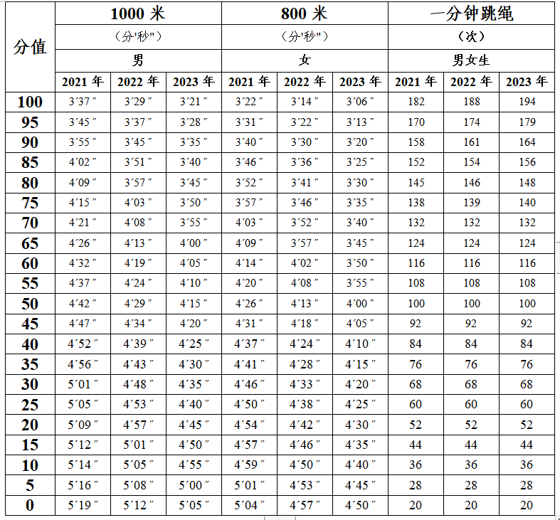 中考体育跳绳评分标准2021