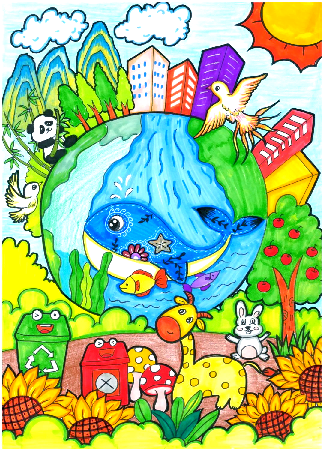 众多"共建无废城市 共享绿色生活"主题的创意作品展示