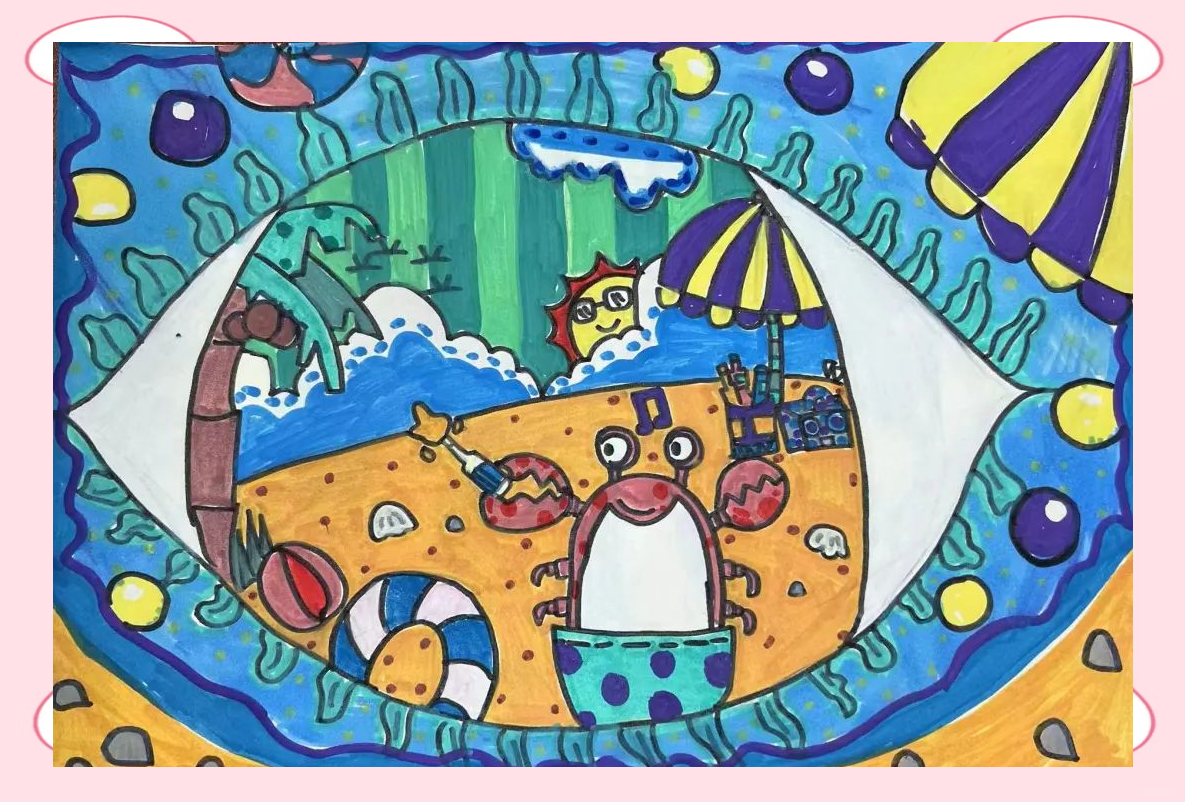 在这幅以"童眼看世界"为主题的绘画中,我精心描绘了螃蟹,沙滩与椰树
