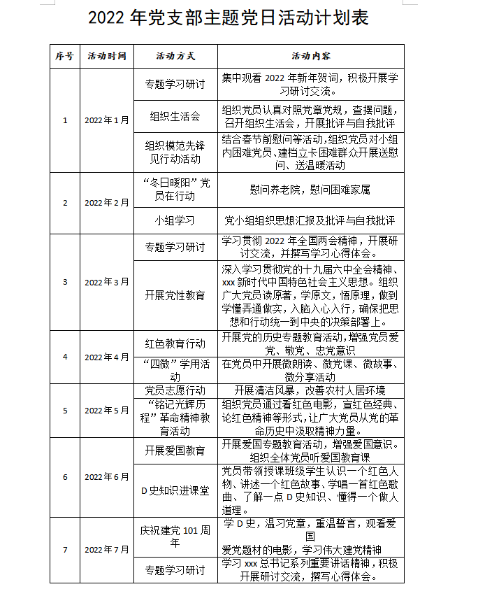 2022年党支部主题党日活动计划表