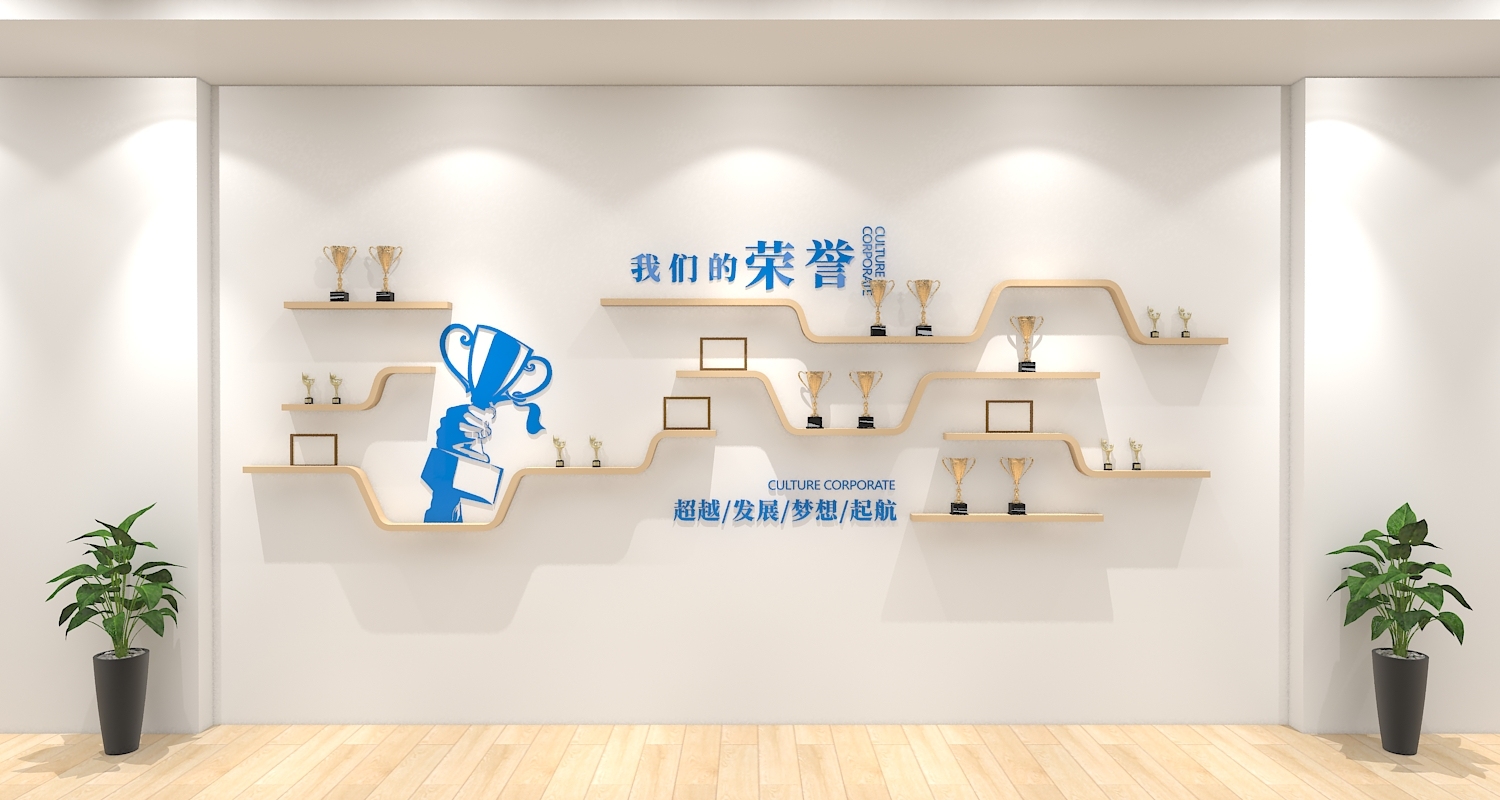 公司企业荣誉文化墙蓝色原木设计创意设计形象墙