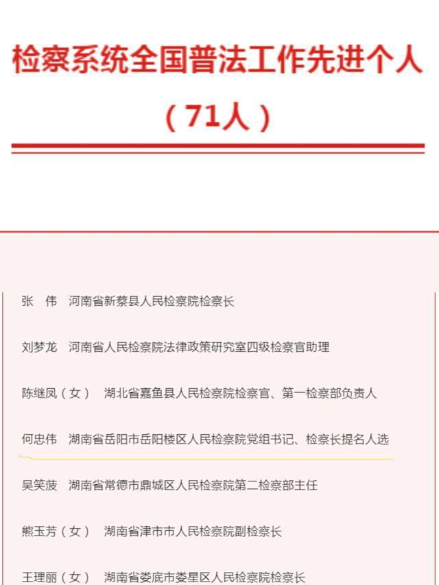 喜报|岳阳楼区人民检察院党组书记,检察长何忠伟荣获"全国普法工作