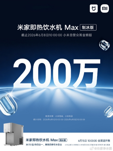 米家即热饮水机Max制冰版众筹破200万：冰/冷/温/热4合1