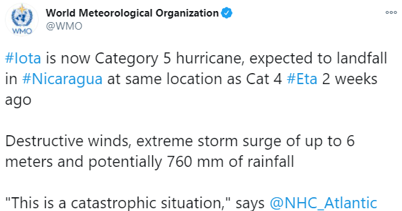 卫星图像显示飓风iota已加强为破纪录的5级飓风
