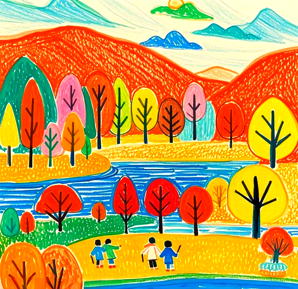 "秋天的风筝节":这幅画作展现了孩子们在田野上放风筝的欢乐场面,风筝