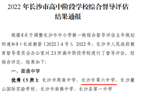 长沙市第六中学在2022年市高中阶段学校综合督导评估中获评优秀等第