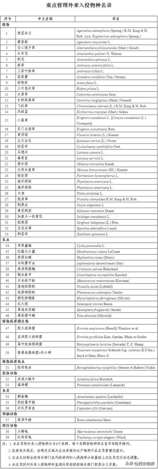 六部门制定发布《重点管理外来入侵物种名录》