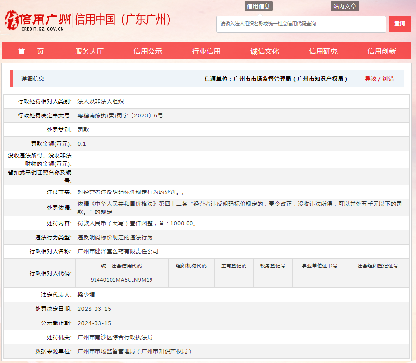 违反明码标价规定 广州市健泽堂医药有限责任公司被罚