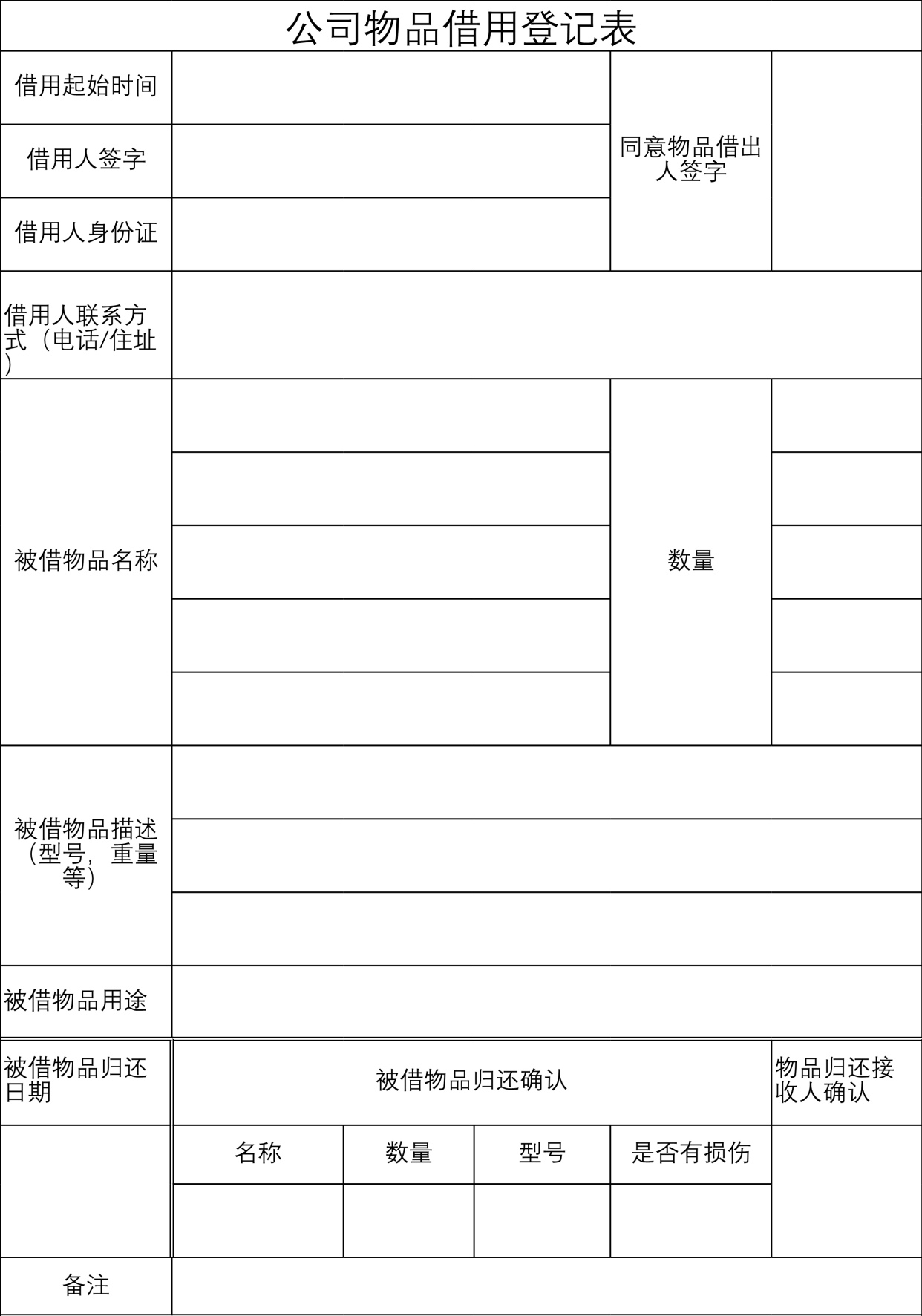 公司物品借用登记表