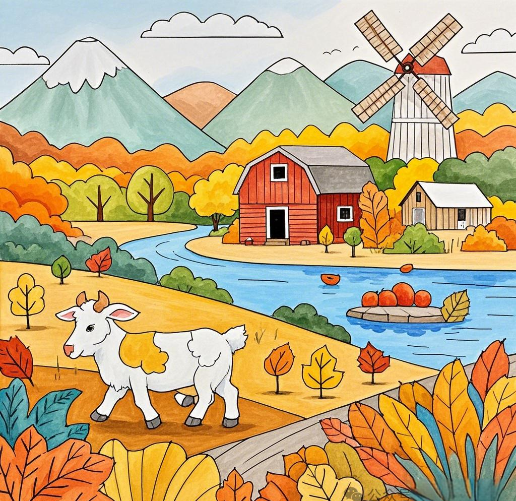 多种秋天风景儿童画,使用不同颜料绘制,简单造型与创意构图并存