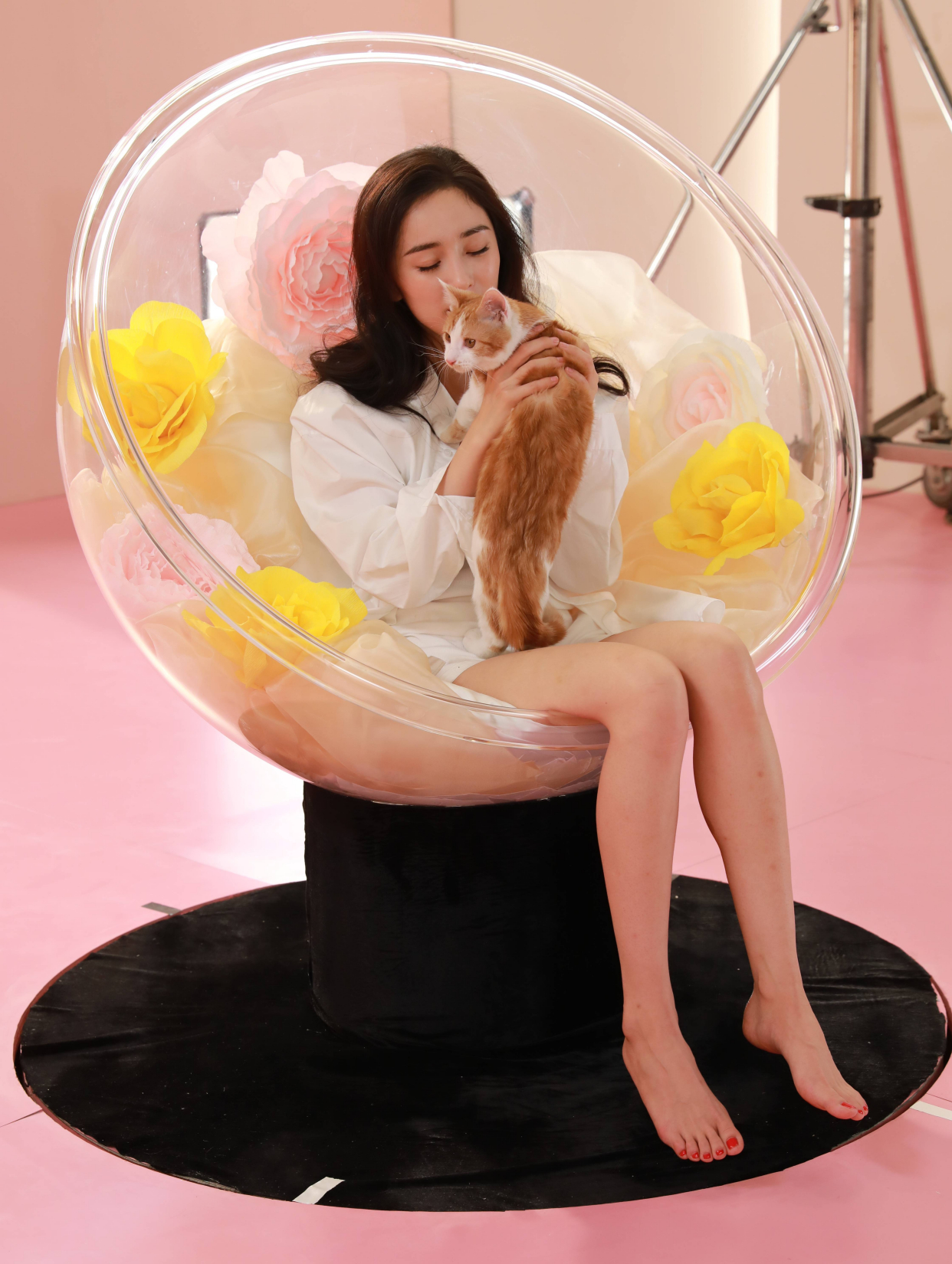 杨幂赤足拍写真,露出粉色脚趾甲,脚上"9.9元包邮棉拖鞋"吸睛