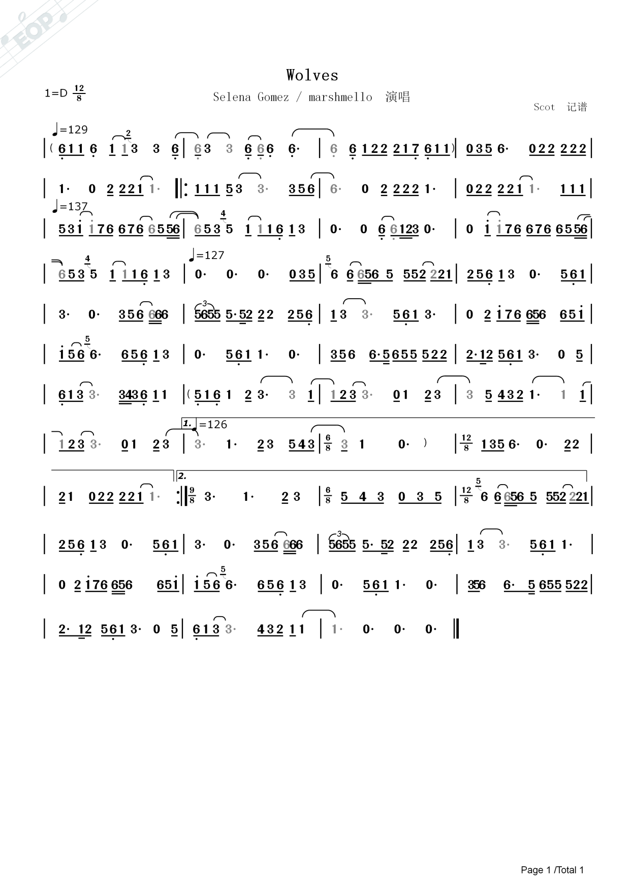 「欧美流行金曲」wolves-selena gomez & marshmello演唱动态简谱