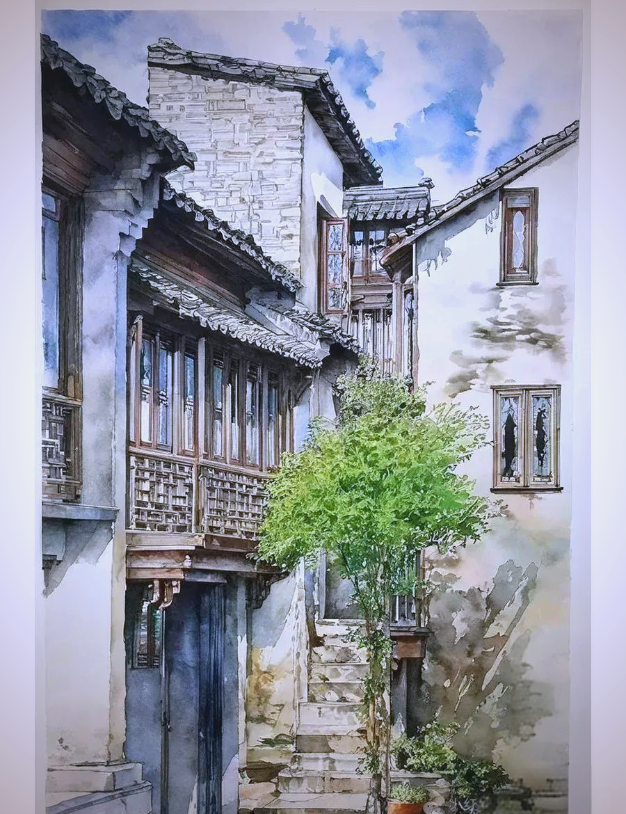 水彩画探秘:领略大师作品的清新与灵动,感受水乡古屋的独特魅力