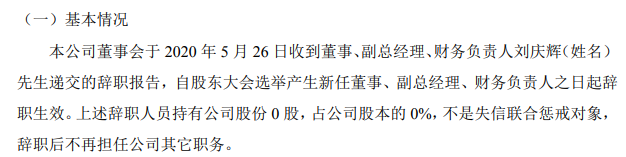 国能新材副总经理,财务负责人刘庆辉辞职 不持有公司股份