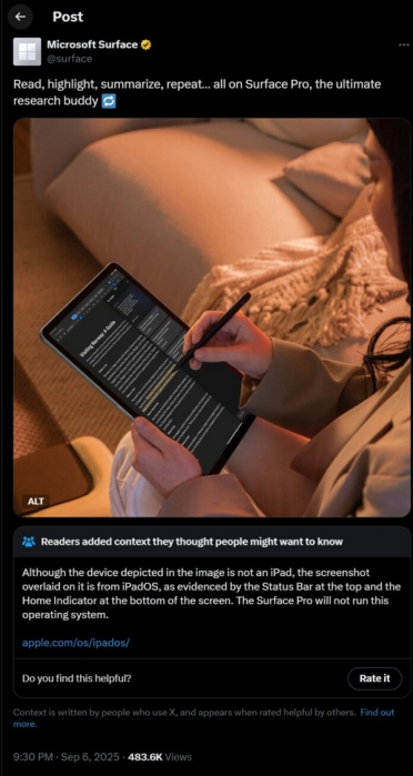 Surface Pro广告使用的却是iPadOS截图！微软将近一天后删除