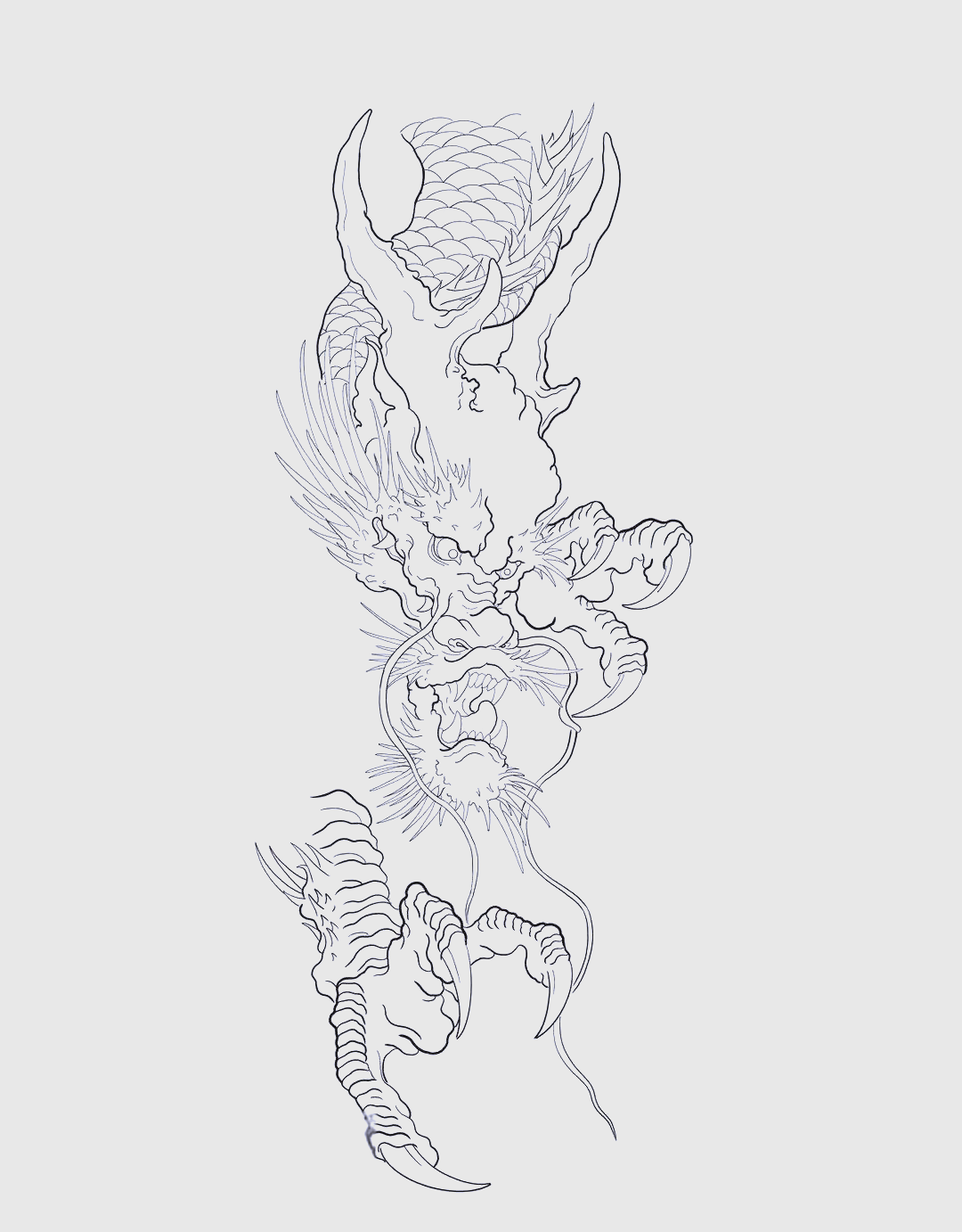 中国龙 满背线条文身手稿精选