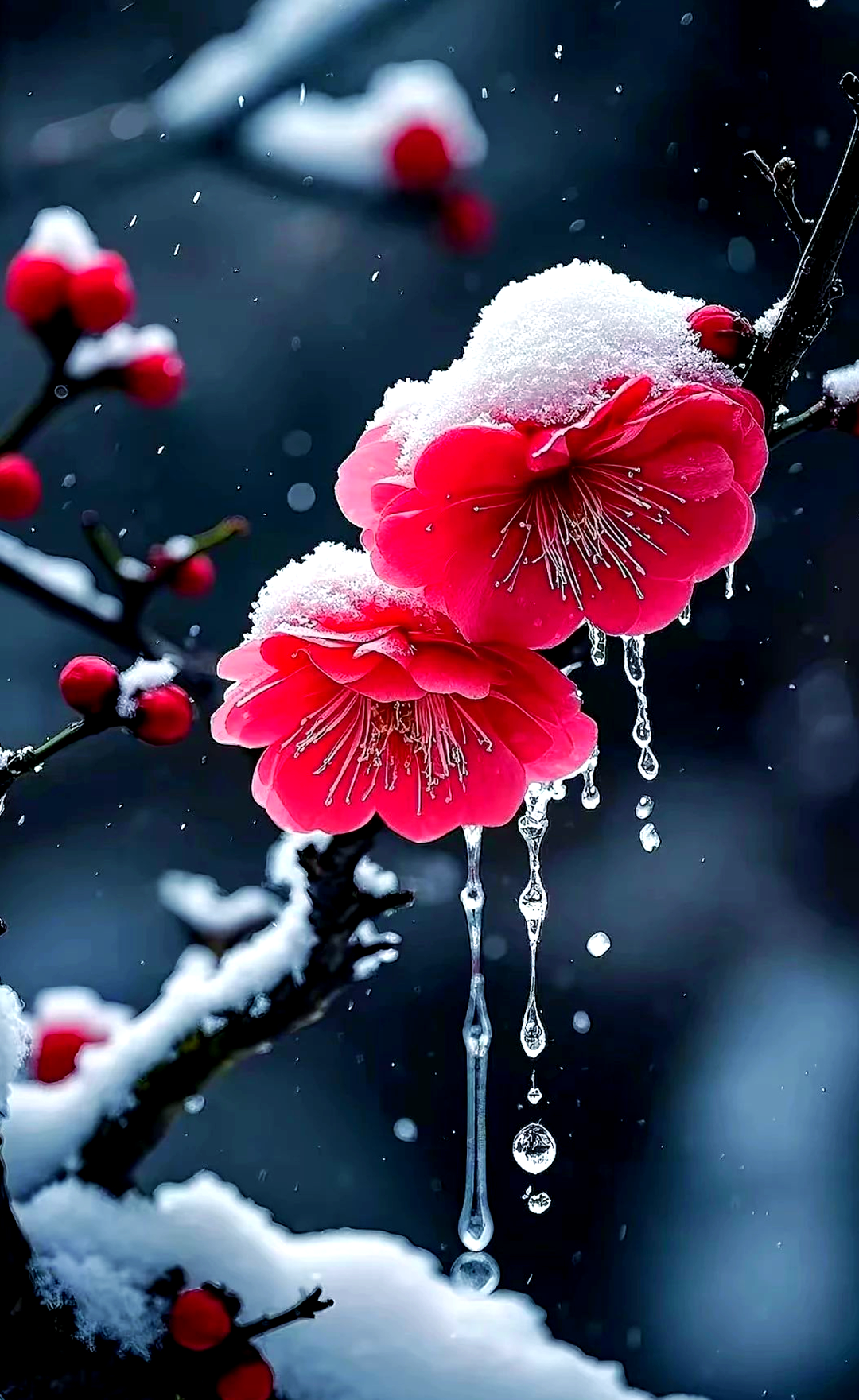 冬日寒风中,梅花与雪共舞,留下坚韧与美丽的印记