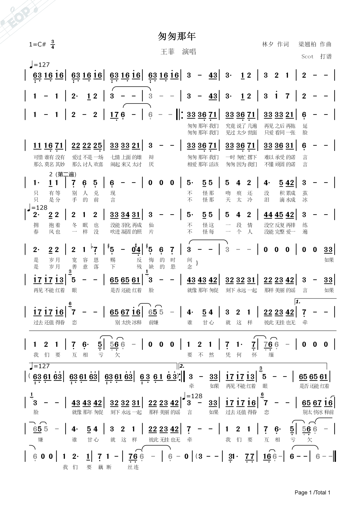 「经典老歌」匆匆那年_王菲演唱——动态简谱
