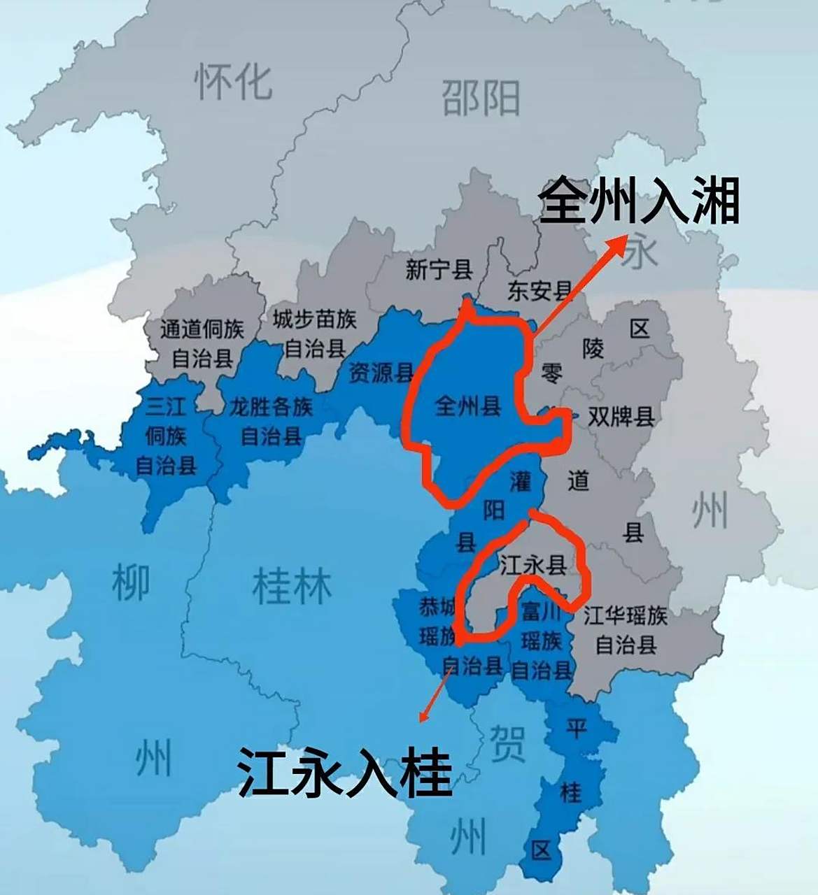 打开湖南和广西的交界图会发现湖南江永县独占自深入广西,让桂北的