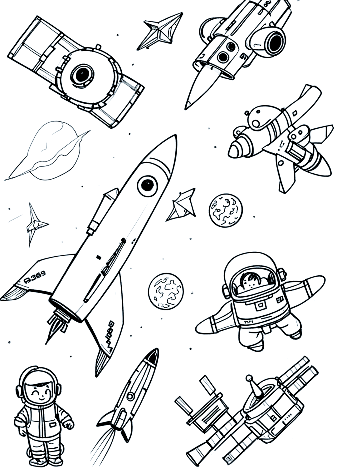 你能创作出65幅主题鲜明,细节饱满,充满未来科技感的黑白线稿简笔画