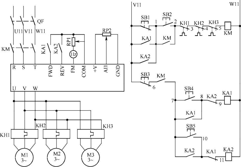 一台变频器控制多台并联电动机电路如图6