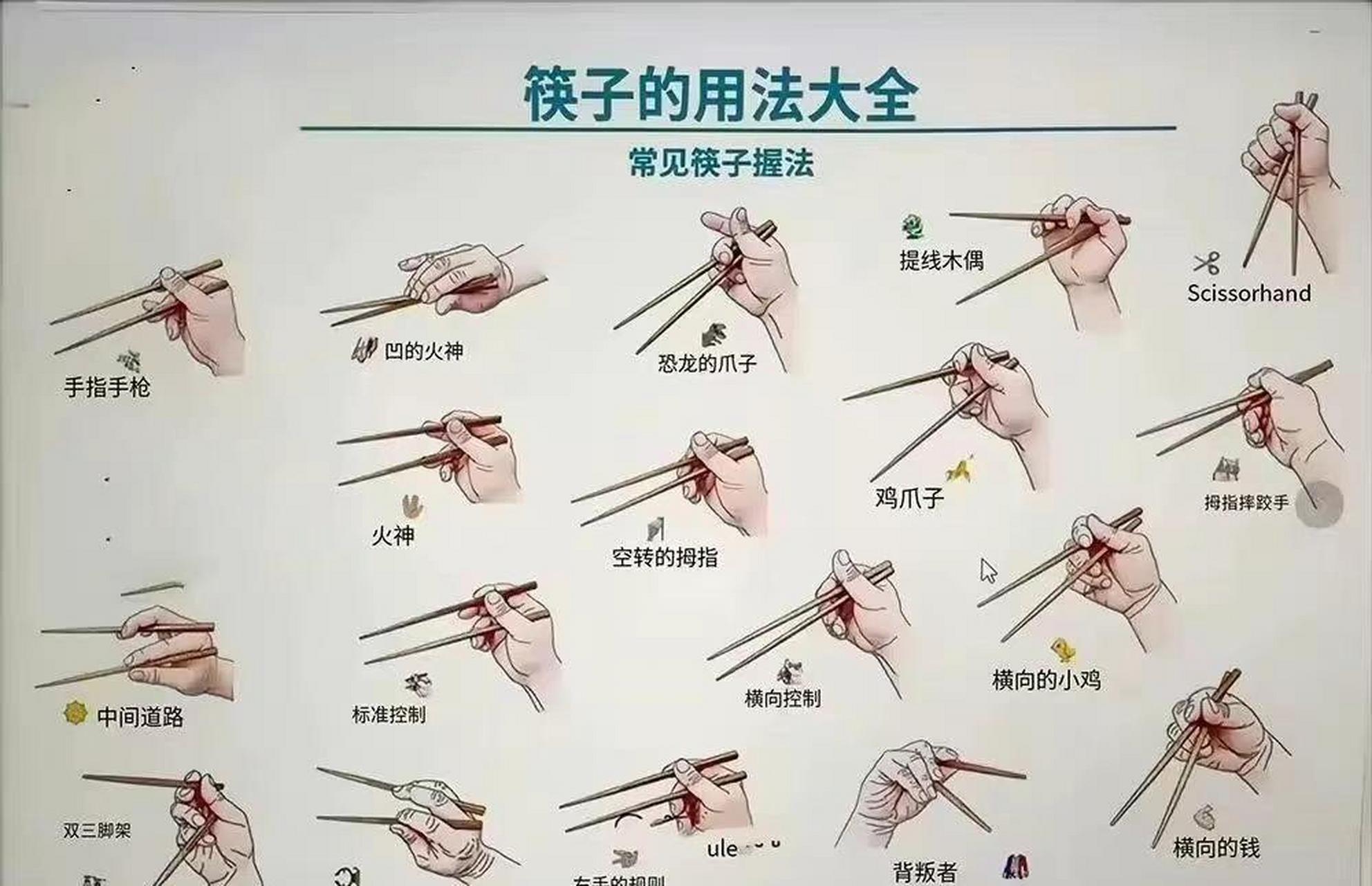 筷子居然有这么多握法? 甚至有人给它们挨个起了名字.