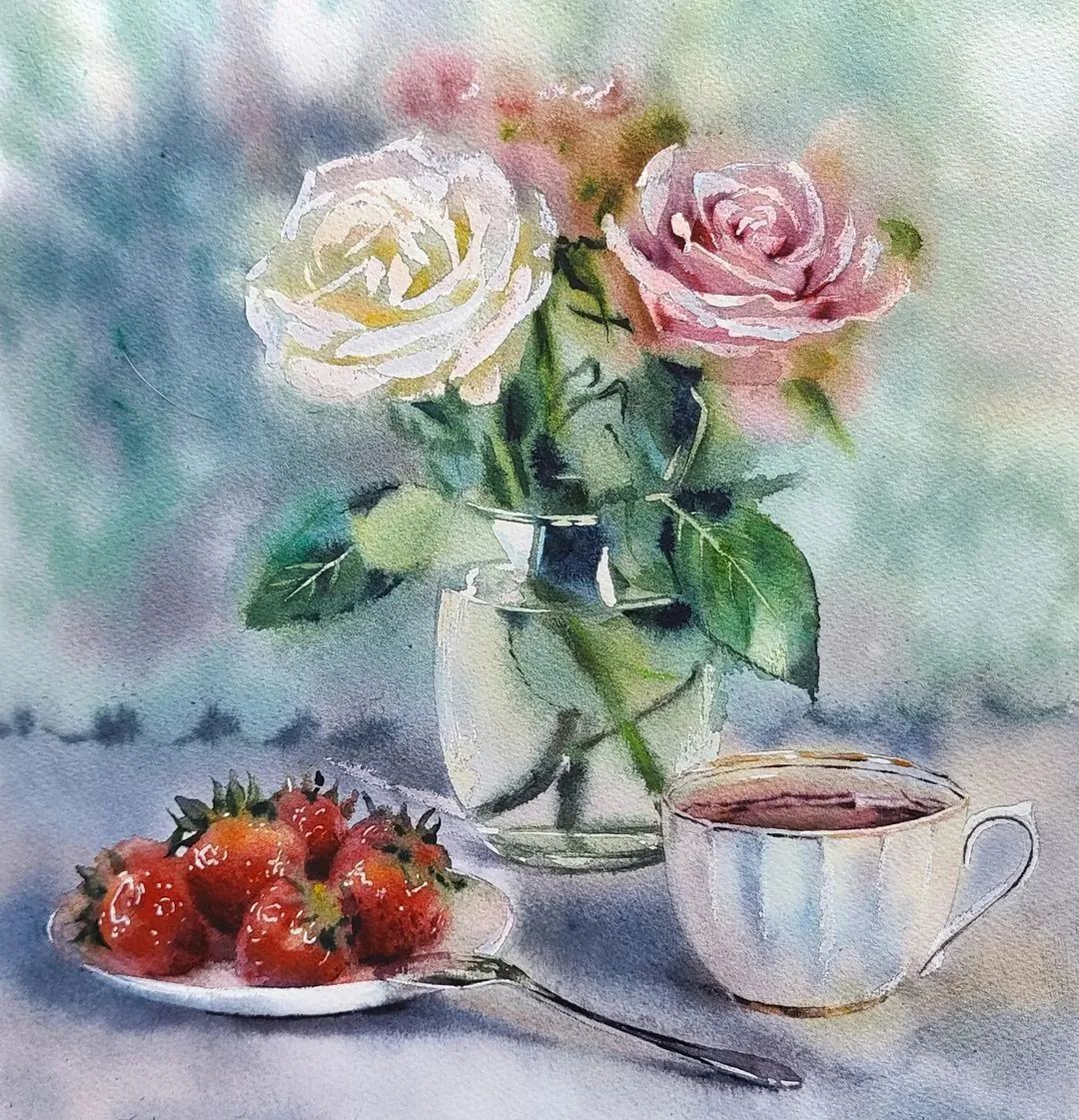 水彩|水彩静物 餐具 花卉 俄罗斯画家Любовь Титова(上)