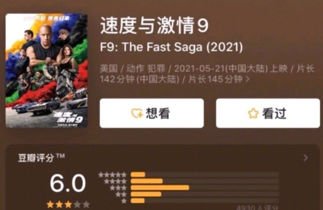 速度与激情9豆瓣仅6分:撞车似科幻片,范迪塞尔刀枪不入还很油腻